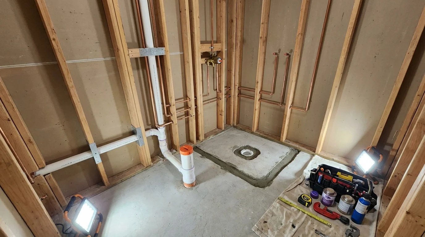 Bathroom rough-in plumbing during remodel by Johns Plumbing LLC in Wayne