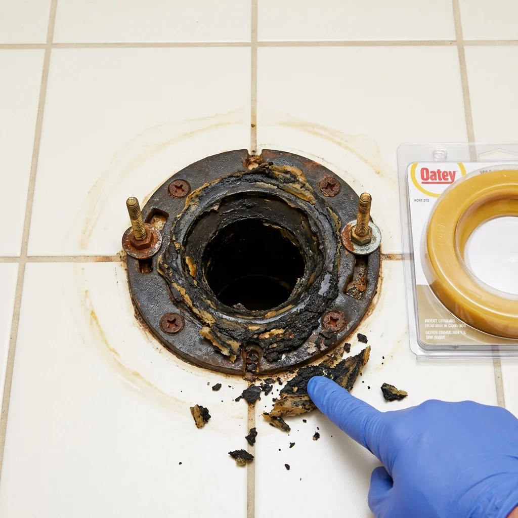 Failed wax ring showing water seepage at the base of a toilet in a Wayne, NJ home