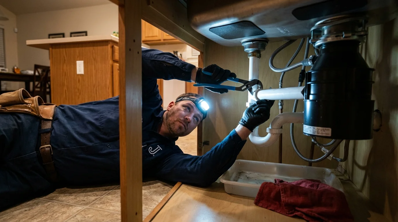 P-trap and supply line connections under a kitchen sink showing a common leak point in Wayne, NJ